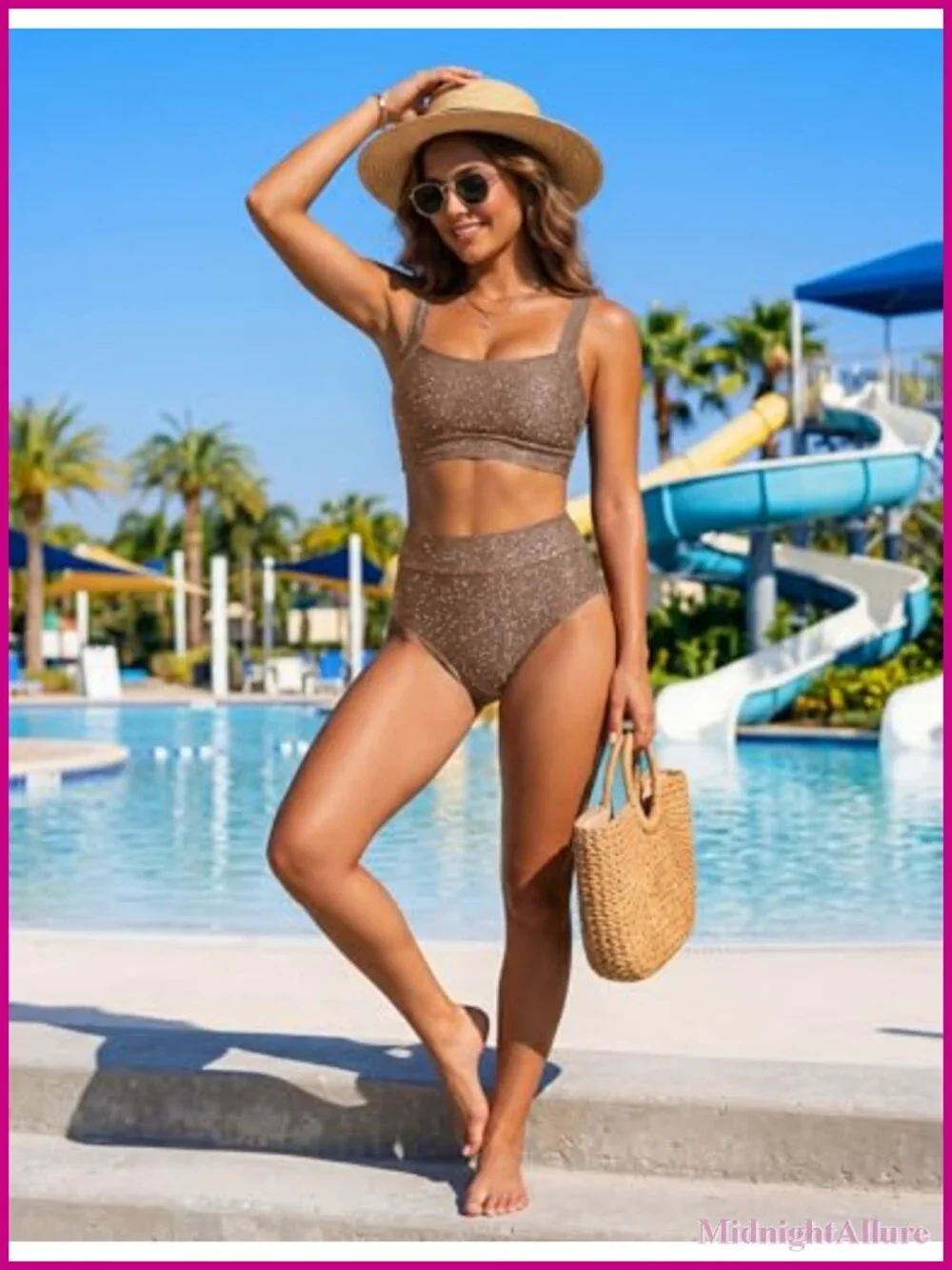 Women High Waisted Bikini Set Tummy Control Sparkly Solid 2 Piece Bathing Suit
